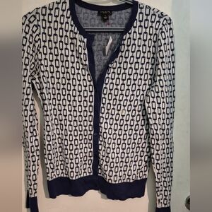 Ann Taylor Navy and White Geometric Cardigan Sz.M NWT